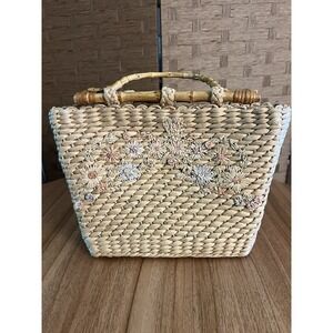 Cappelli‎ Straworld Vintage Straw Embroidered Purse Handbag Bamboo Handles Y2K